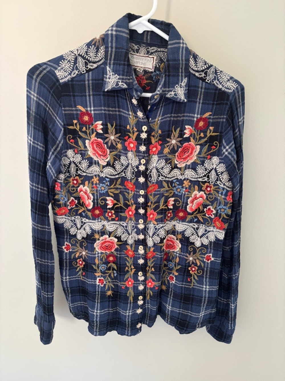 Johnny Was Navy Plaid Embroidered Floral Button-Up Blouse XS